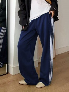Women's Casual Striped Sweatpants with Drawstring Waist and Pockets - Comfy Straight Leg Streetwear, Non-Stretch Polyester