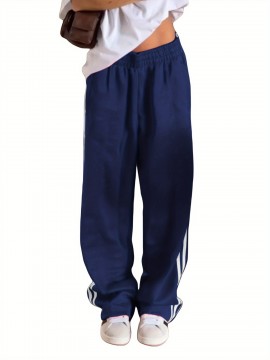 Women's Casual Striped Sweatpants with Drawstring Waist and Pockets - Comfy Straight Leg Streetwear, Non-Stretch Polyester