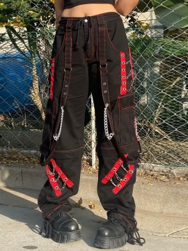 Womens Low Rise Baggy Jeans Rock Style Wide Leg Cargo Pants Washed Jeans with Flap Pockets