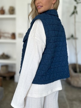 Women’s Casual Vest Coat Basic Quilted Pocketed Texture Snap Down Vest Navy Black Sleeveless Snap-Button Relaxed Fit Collared Cropped Outerwear with Diamond Pattern Spring/ Fall/ Winter Layering Piece for Outdoor Activities